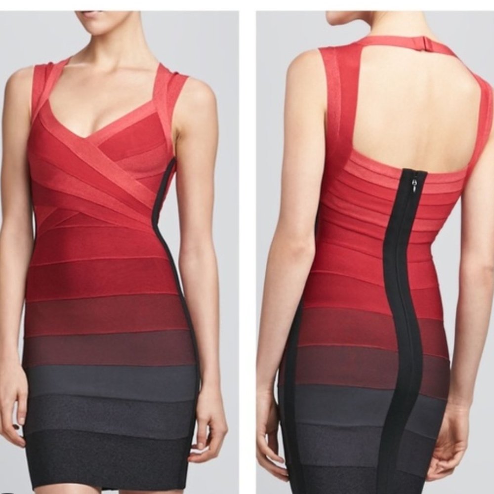 HERVE LEGER RED TO BLACK OMBRÉ DRESS SIZE XS